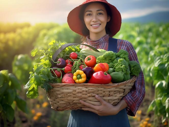 农民女性站在菜地里抱着一筐蔬菜绿色健康蔬菜 有机食品农作物收获